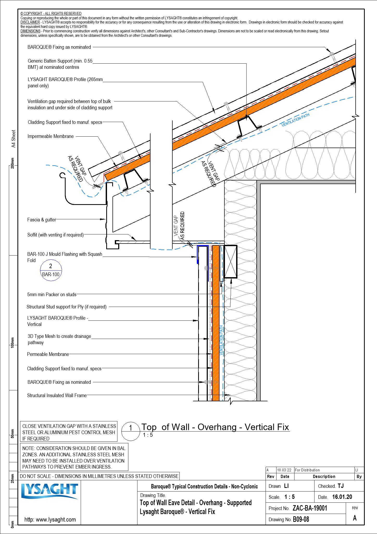B0908 Top of Wall Eave Detail Overhang Supported Lysaght Baroque® Vertical Fix